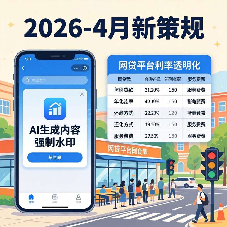 2026年4月，一批与你我生活息息相关的新规正式实施。从人工智能生成内容的“强制水印”，到网贷平台的“综合利率透明化”，再到校园食品安全与交通管理的全面升级，这些新规将影响你的生活的方方面面。作为“搓
