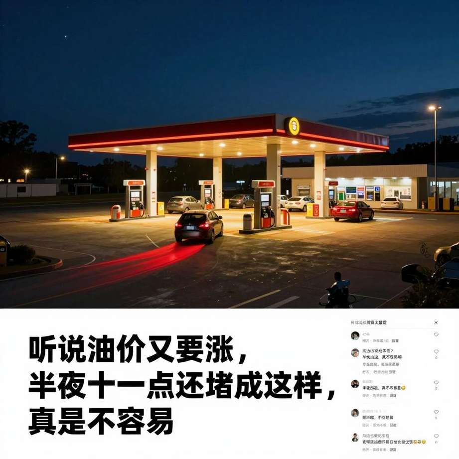 上个月的一个深夜，我刷朋友圈时看到一位老同学发的照片：城郊某加油站灯火通明，排队加油的车尾灯连成了一条红色的长龙。配文是：“听说油价又要涨，半夜十一点还堵成这样，真是不容易。” 评论区里，有人调侃这是