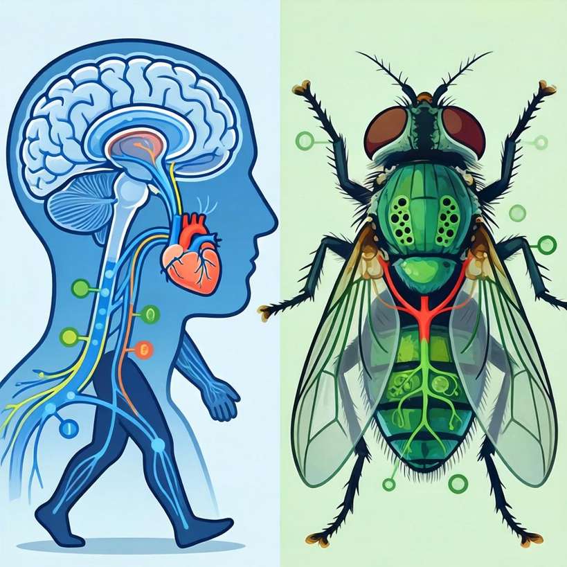 人类的呼吸和心跳由大脑控制，但苍蝇不需要脑子呼吸——它们的气孔长在身体两侧，血液循环由背血管自主维持。更重要的是，控制行走和飞行的中央模式发生器储存在胸部的神经节里，而非头部。大脑平时的一个重要功能是