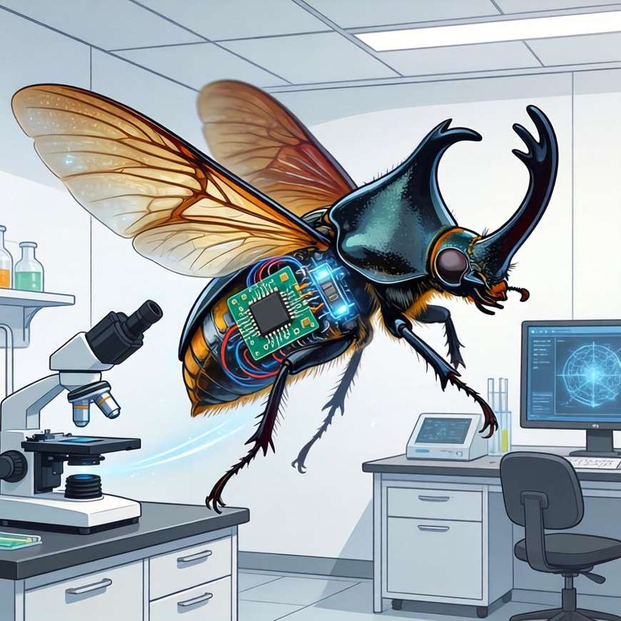 微型机器人的最大痛点是能源——一块锂电池就占体重一半，只能维持几分钟飞行。加州大学伯克利分校的团队另辟蹊径：干脆不造机器人，而是给甲虫植入控制电路，利用其自身的飞行能力。通过刺激甲虫的视叶基部或飞行肌