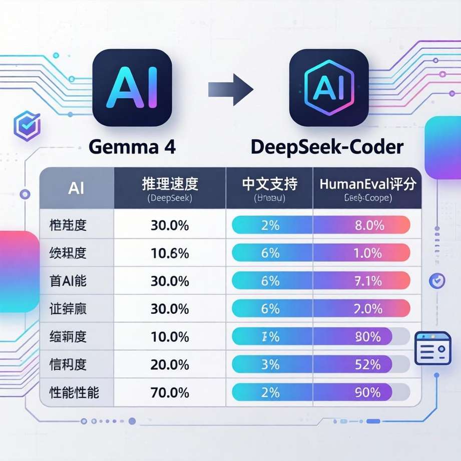 从表格可见，Gemma 4在推理速度和中文支持上有一定优势，但HumanEval得分略低于DeepSeek-Coder。因此，是否成为首选，取决于你的具体场景：追求快速本地迭代和英文注释质量，Gemm