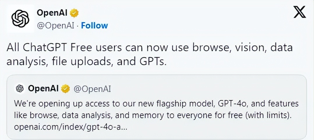 OpenAI已向 ChatGPT 免费用户开放了联网、视觉等5大功能！(图1)