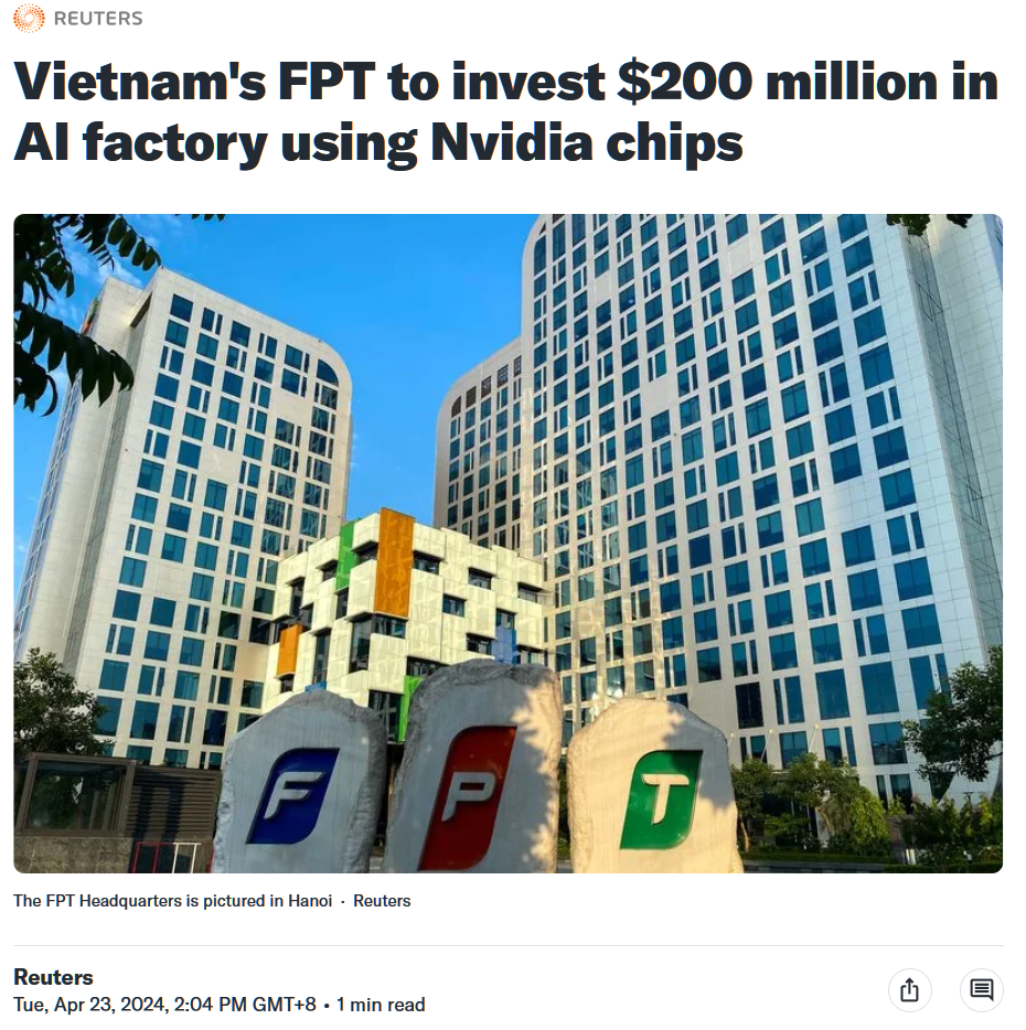 英伟达与越南科技巨头 FPT 达成合作，将投资 2 亿美元共建 AI 工厂 - 众森 IT 新媒体资讯网